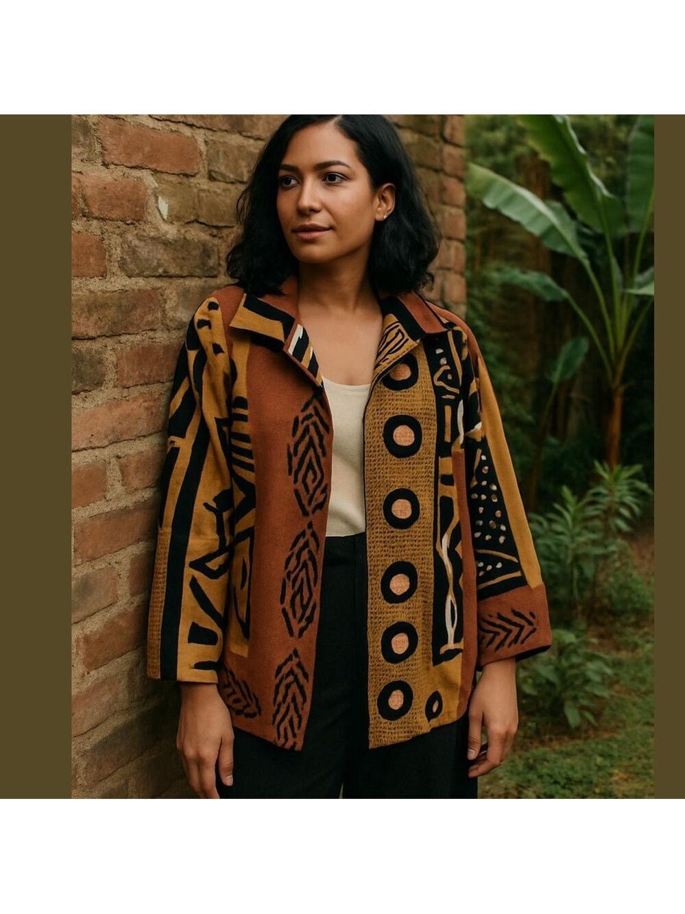 VTG AZIZ LINEN POP ART TRIBAL RELAXED FIT 3/4 SLEEVES JACKET BOHO LAGENLOOK SZ M